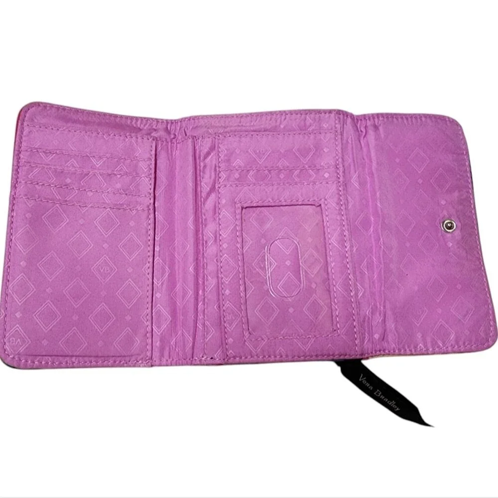 Vera Bradley Euro Wallet Black Hilo Meadow Magenta Quilted Fabric Fold Over Snap